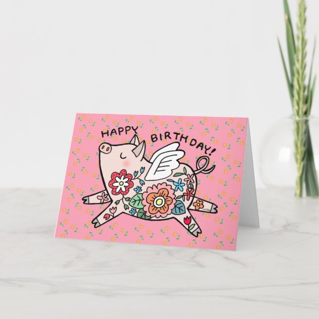 Flying Pig Cute Happy Birthday Angel Pig Floral Card (Front)