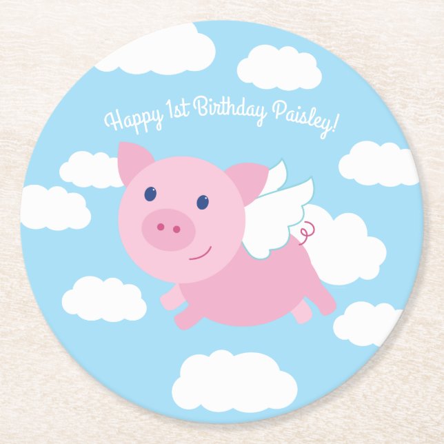 Flying Pig Cute Kid's Birthday Party Round Paper Coaster (Front)