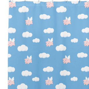 Flying Pig Cute Piglet with Wings on Blue Pattern Shower Curtain