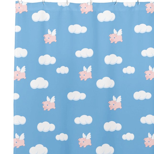 Flying Pig Cute Piglet with Wings on Blue Pattern Shower Curtain (Creator Uploaded)