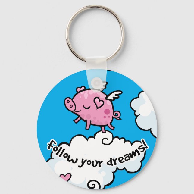 Flying pig dances on clouds key ring (Front)
