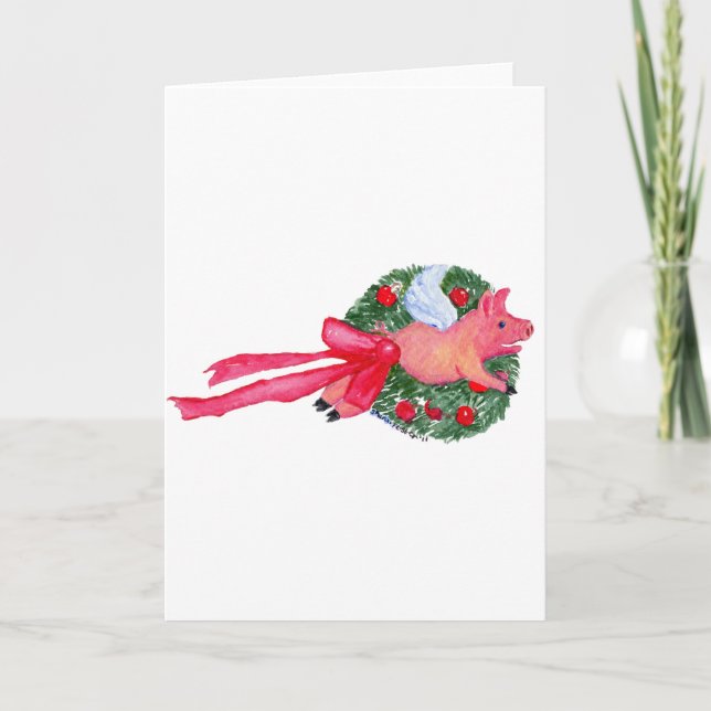 Flying Pig dragging Christmas wreath Holiday Card (Front)