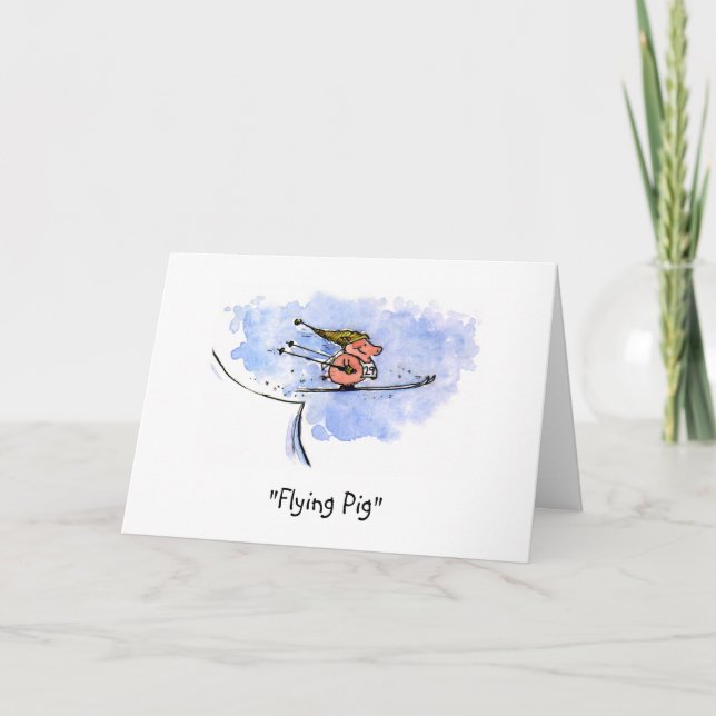 "Flying Pig" Funny Ski Jump Pig Athlete Holiday Card (Front)