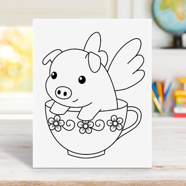 Flying Pig in a Teacup Colouring Page Rubber Stamp (Creator Uploaded)