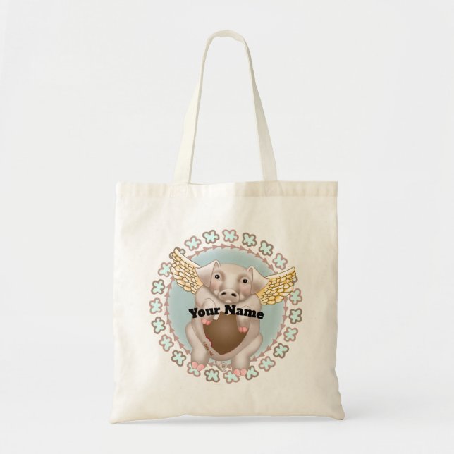 Flying Pig Kiss custom name tote bag (Front)