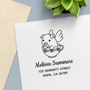 Flying Pig - Piglet with Wings in a Teacup Address Self-inking Stamp