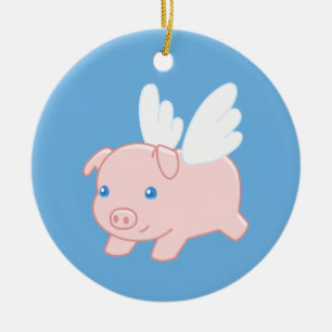 Flying Pig - Piglet with Wings on Blue Ceramic Tree Decoration