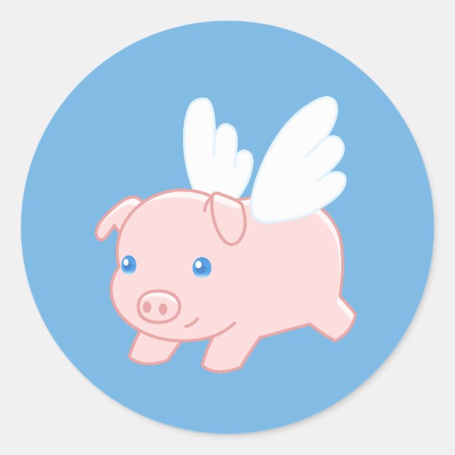 Flying Pig Piglet with Wings on Blue Classic Round Sticker (Front)