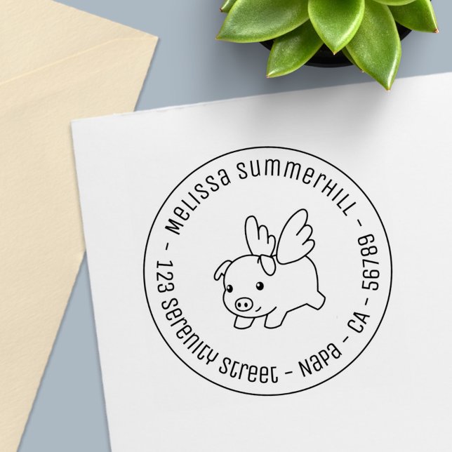 Flying Pig - Piglet with Wings Round Address 1 Self-inking Stamp (Creator Uploaded)