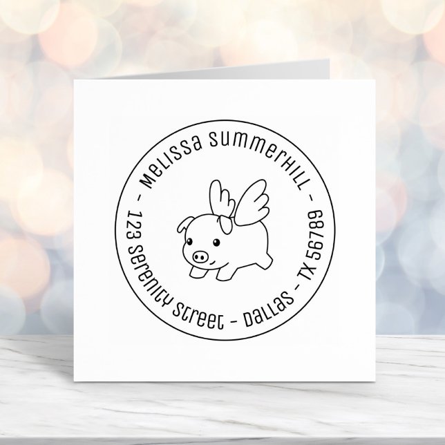 Flying Pig - Piglet with Wings Round Address 1 Self-inking Stamp (Creator Uploaded)