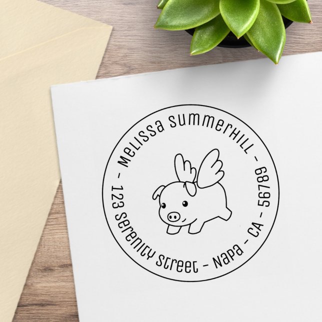 Flying Pig, Piglet with Wings Round Address 3 Rubber Stamp (Creator Uploaded)