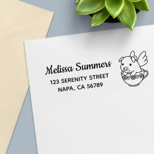 Flying Pig Piglet with Wings Teacup Return Address Self-inking Stamp