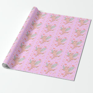 Flying Pig & Pink Hearts Wrapping Paper