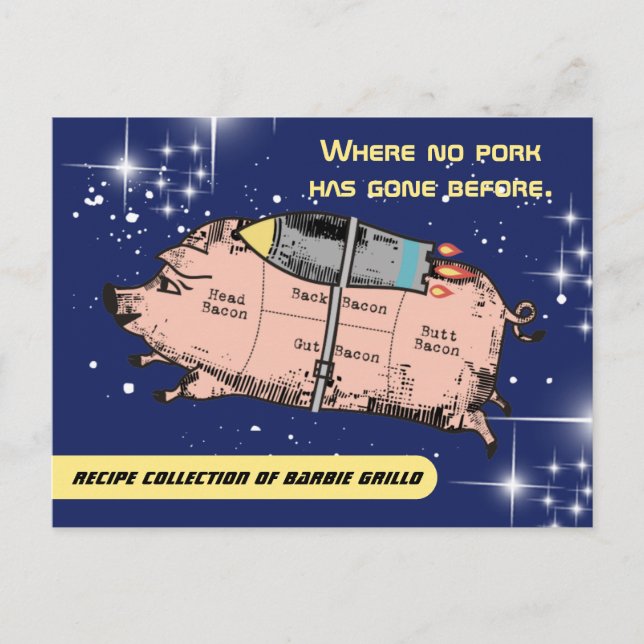 Flying pig pork meat cooking cookbook recipe card (Front)