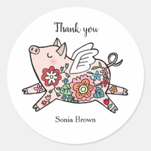 Flying Pig with Floral pattern Cute pig custom Classic Round Sticker