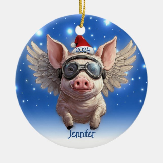 Flying Pig with Santa Cap Personalised Ornament (Front)