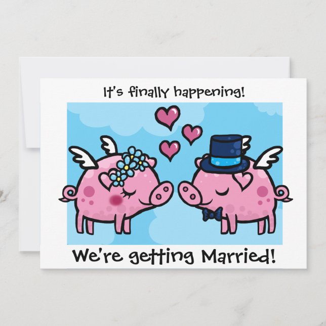 Flying Piggy Bride and Groom wedding invite (Front)