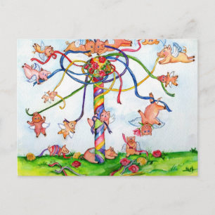 Flying Pigs Around Maypole Postcard