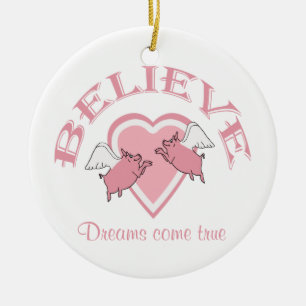 Flying Pigs Believe Pink Ceramic Tree Decoration