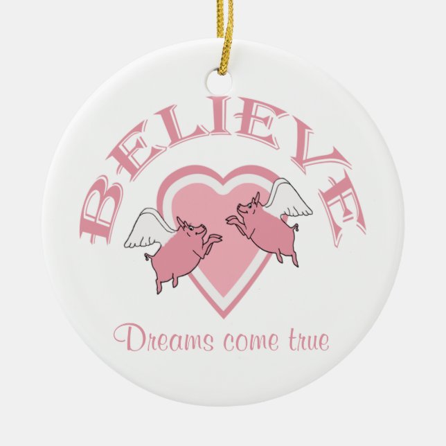 Flying Pigs Believe Pink Ceramic Tree Decoration (Front)