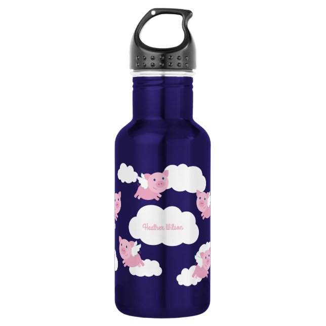 Flying Pigs Cute Kids Water Bottle with Name (Front)