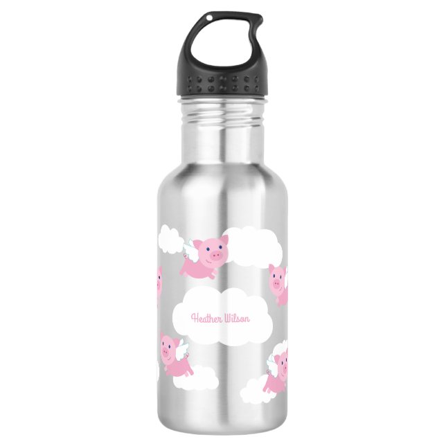 Flying Pigs Cute Kids Water Bottle with Name (Front)