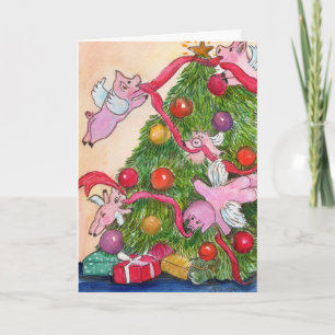 Flying Pigs Decorate Christmas Tree Card