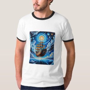 Flying Pirate Ship Through Cosmic Sky T-Shirt