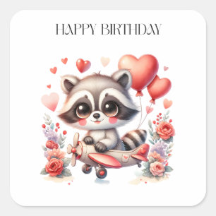 Flying Racoon Birthday Square Sticker