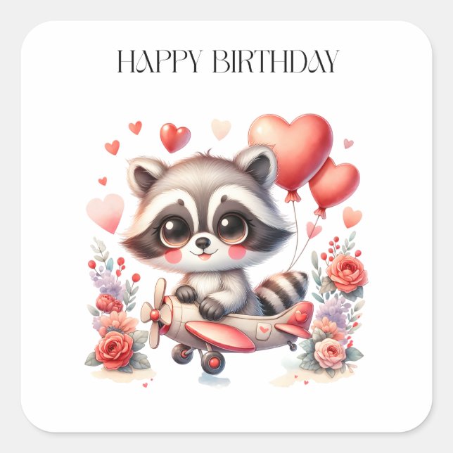 Flying Racoon Birthday Square Sticker (Front)