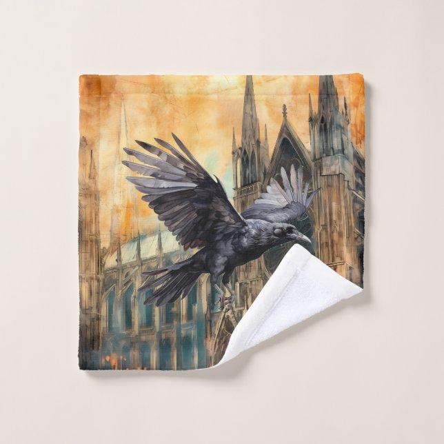 Flying Raven and Mediaeval Gothic Cathedral Bath Towel Set (Wash Cloth)