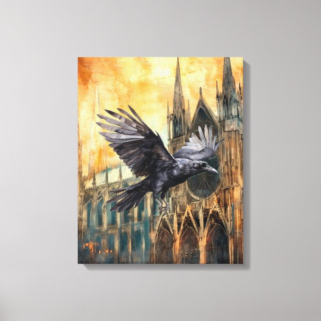 Flying Raven and Mediaeval Gothic Cathedral Canvas Print (Front)