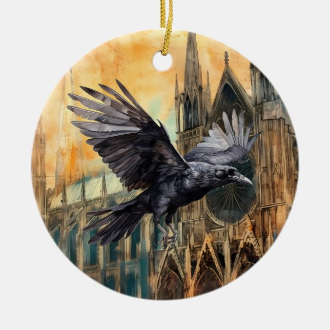 Flying Raven and Mediaeval Gothic Cathedral Ceramic Tree Decoration (Front)