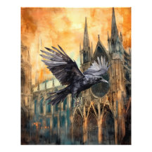 Flying Raven and Mediaeval Gothic Cathedral