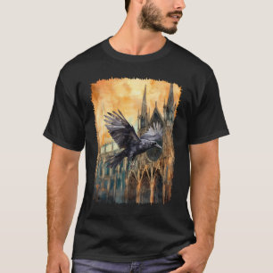 Flying Raven and Mediaeval Gothic Cathedral T-Shirt
