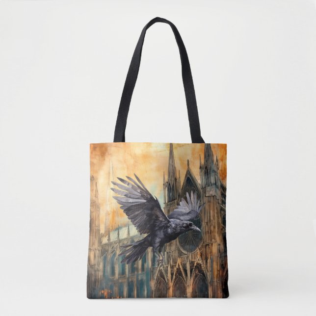 Flying Raven and Mediaeval Gothic Cathedral Tote Bag (Front)