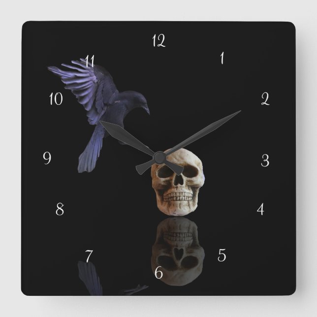 Flying Raven or Crow Land on Skull Gothic Square Wall Clock (Front)