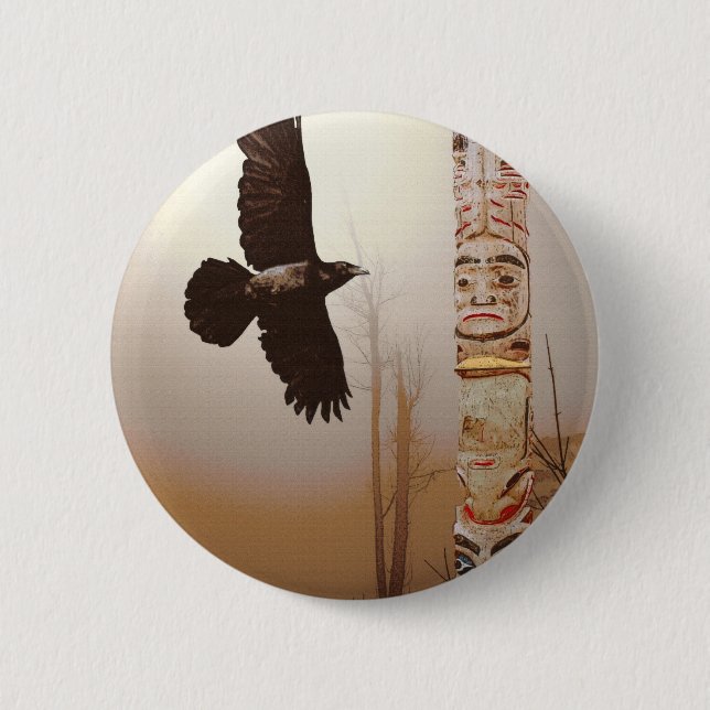 Flying Raven & Totem-Pole Fantasy Art 6 Cm Round Badge (Front)