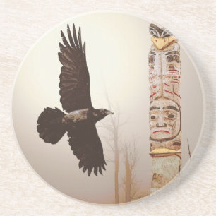 Flying Raven & Totem-Pole Fantasy Art Coaster