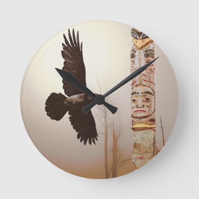 Flying Raven & Totem-Pole Fantasy Art Round Clock (Front)