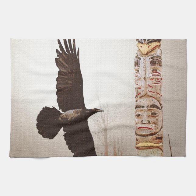 Flying Raven & Totem-Pole Fantasy Art Tea Towel (Horizontal)