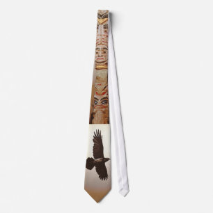 Flying Raven & Totem Pole Spiritual Haida Artform Tie