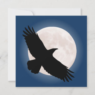 Flying raven with the moon behind it