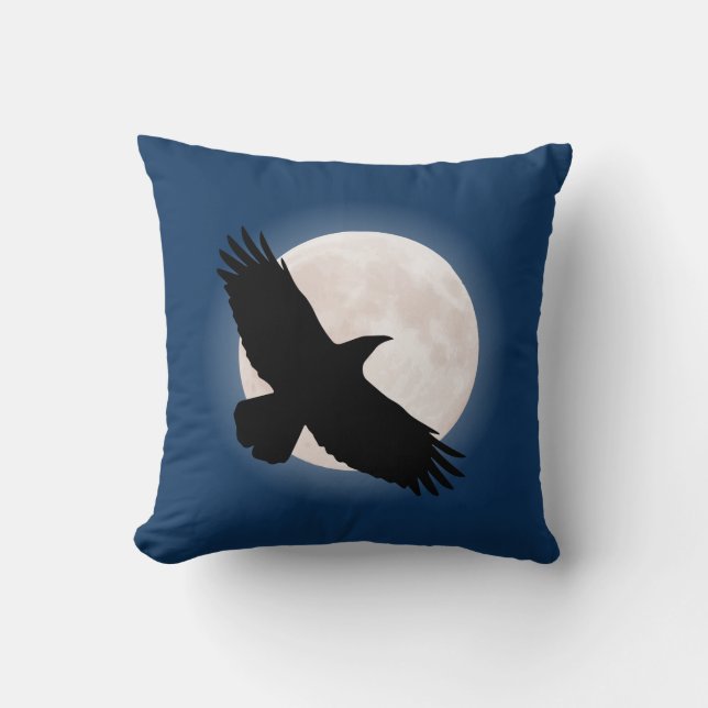 Flying raven with the moon behind it cushion (Front)