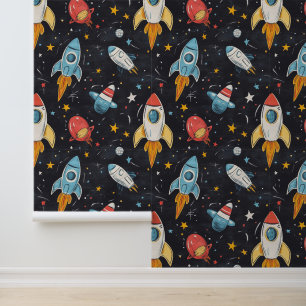 Flying Rocket Astronautical Spaceships Vintage Wallpaper