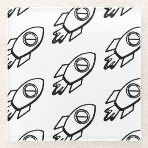 Flying Rocket Sketch Pattern Glass Coaster