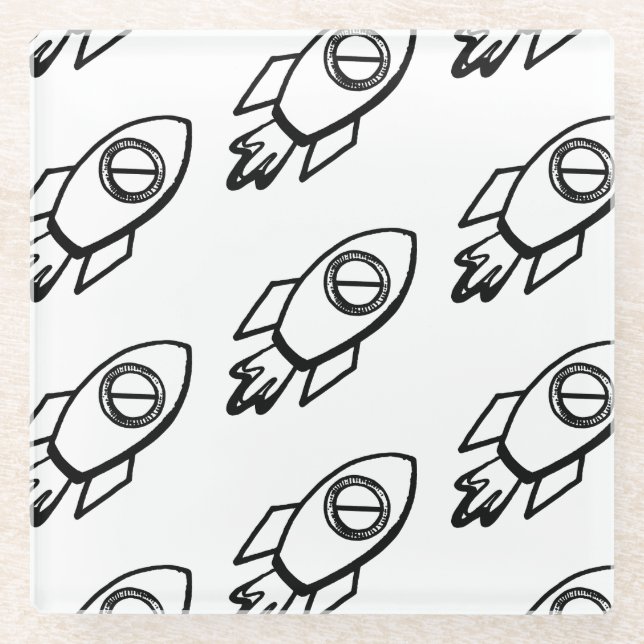 Flying Rocket Sketch Pattern Glass Coaster (Front)
