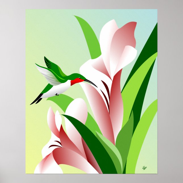 Flying Ruby Throated Male Hummingbird Poster (Front)
