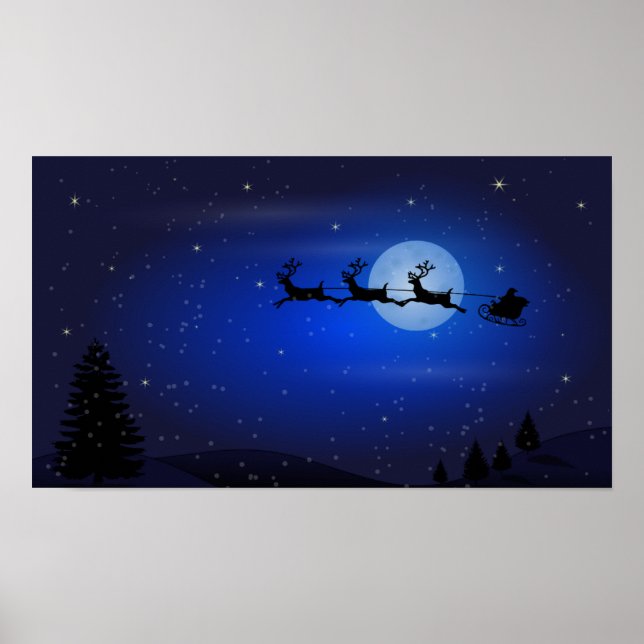 Flying Santa and his reindeers at night Poster (Front)