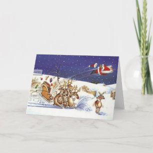 Flying Santa Beautiful Reindeer Funny Christmas Holiday Card